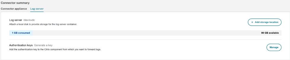 Log Server main page showing disk size, used and remaining space
