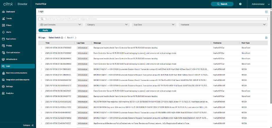 AOT log search and filtering interface in Citrix Director