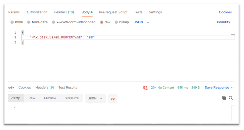 204 No Content success response confirming disk usage setting was applied