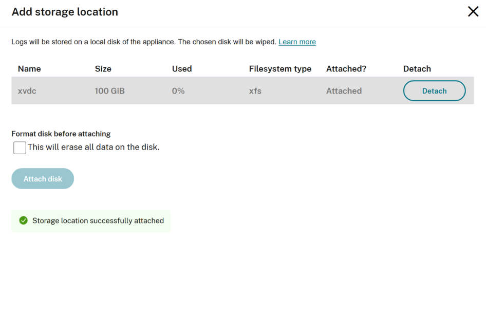 Confirmation that the storage location has been successfully attached
