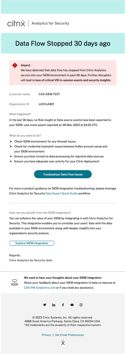 Data Flow Disruption for 30 days Email Alert2