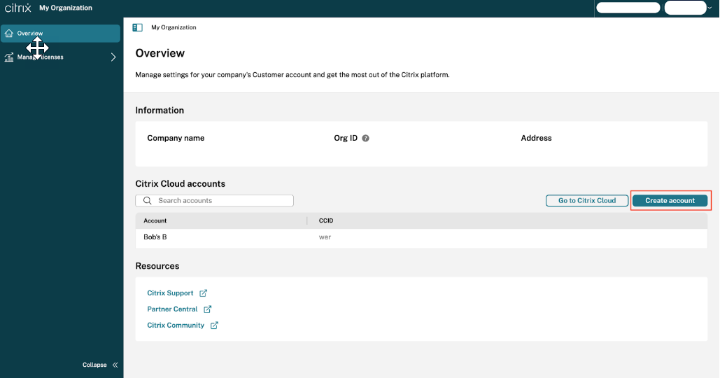Create Citrix Cloud account option