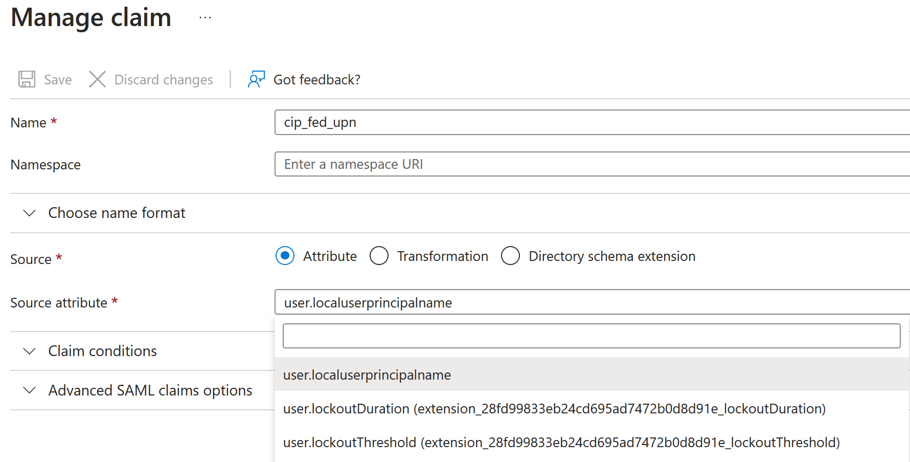 Manage Claims screen with UPN value