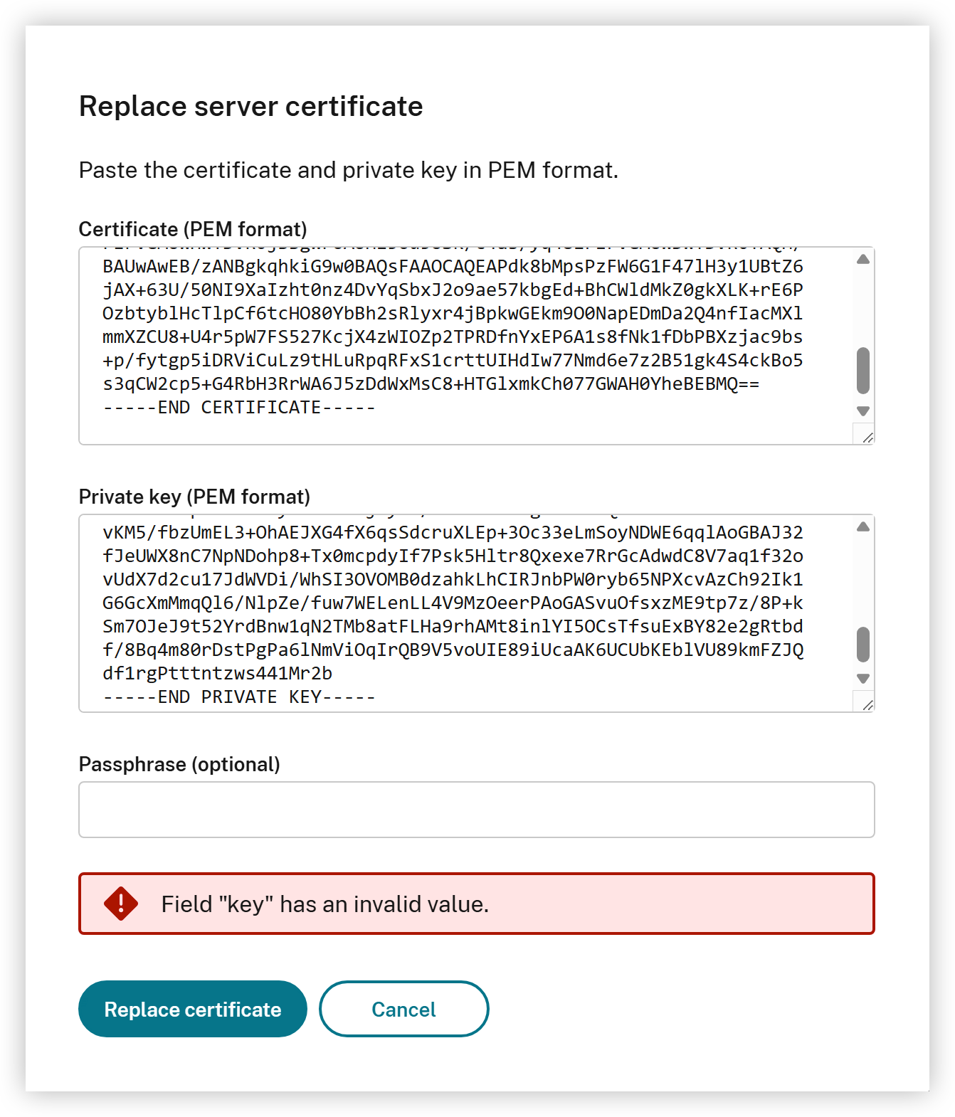 Replace Server Certificate PEM Format