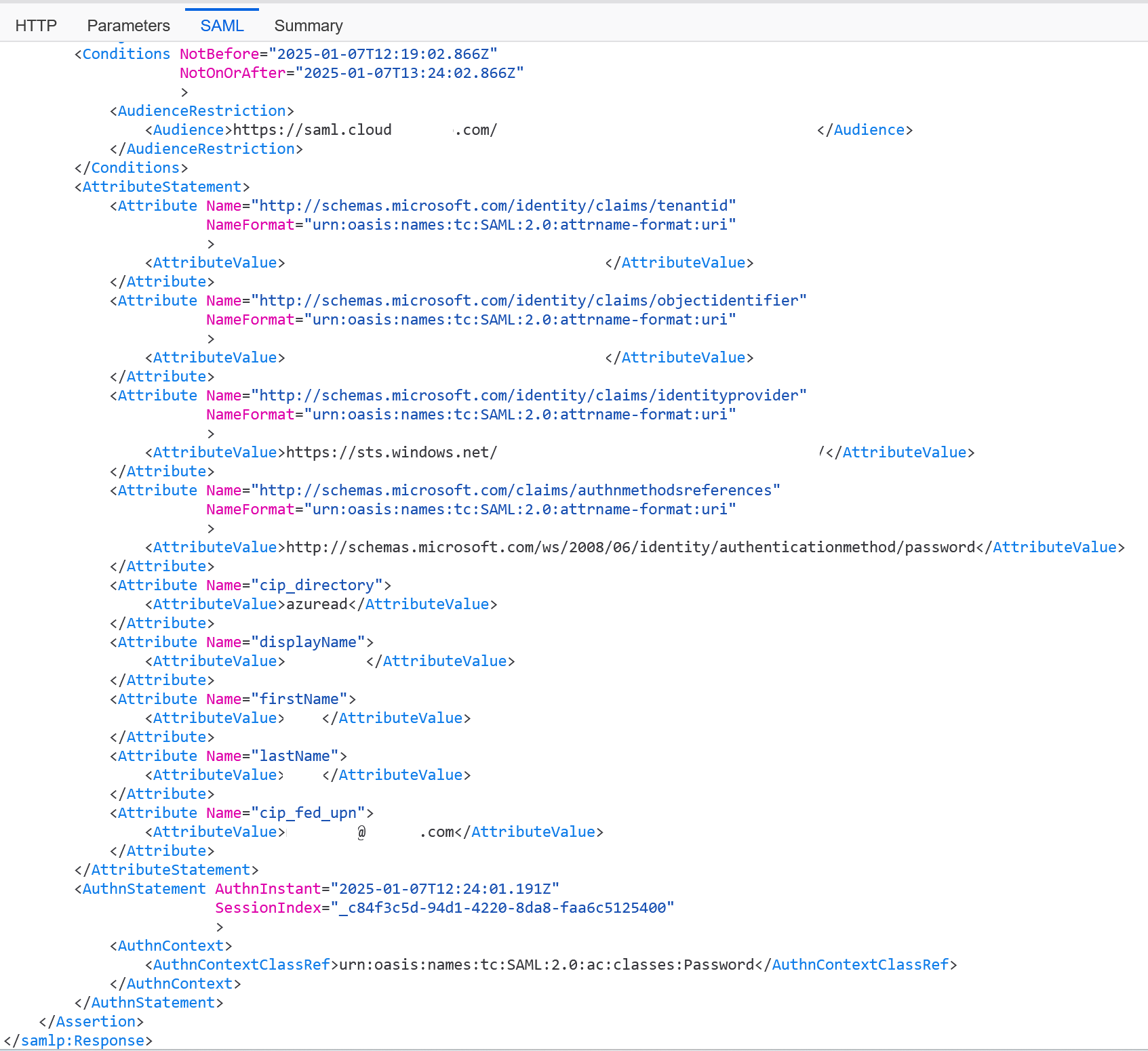 XML file with SAML assertion value highlighted