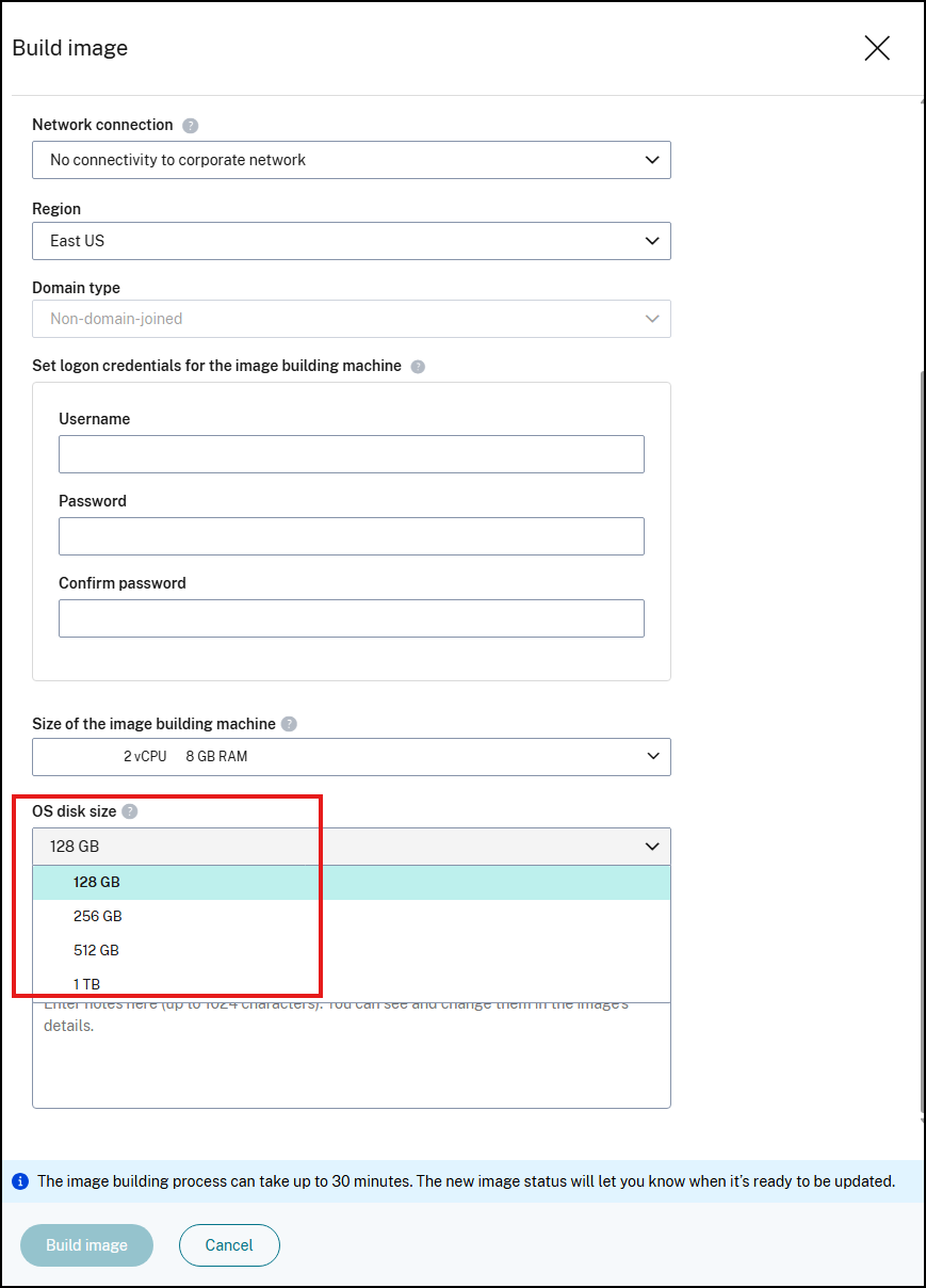 OS disk size field in the Build image dialog
