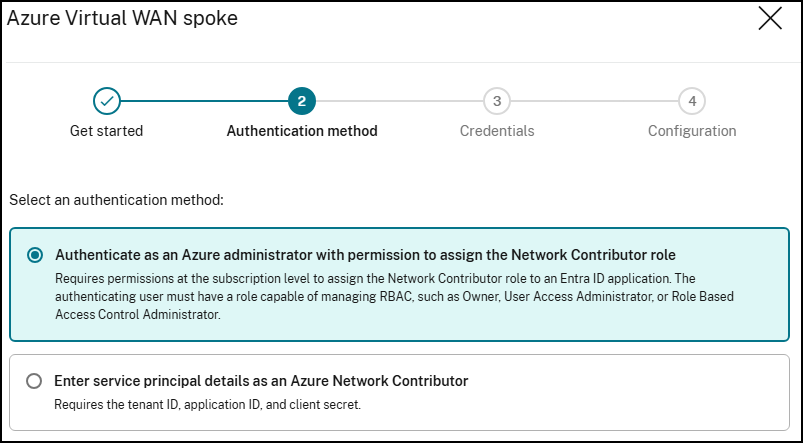 Azure Virtual WAN Peering authentication page