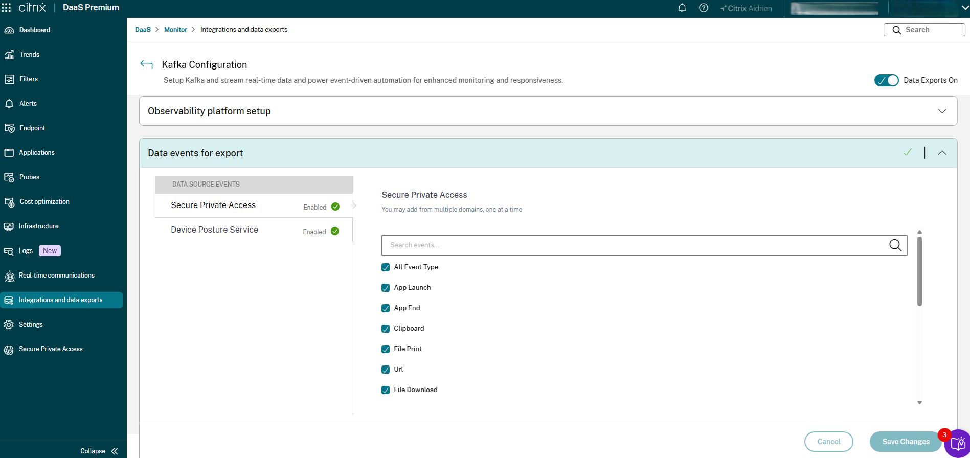 Kafka Configuration - Data events for export