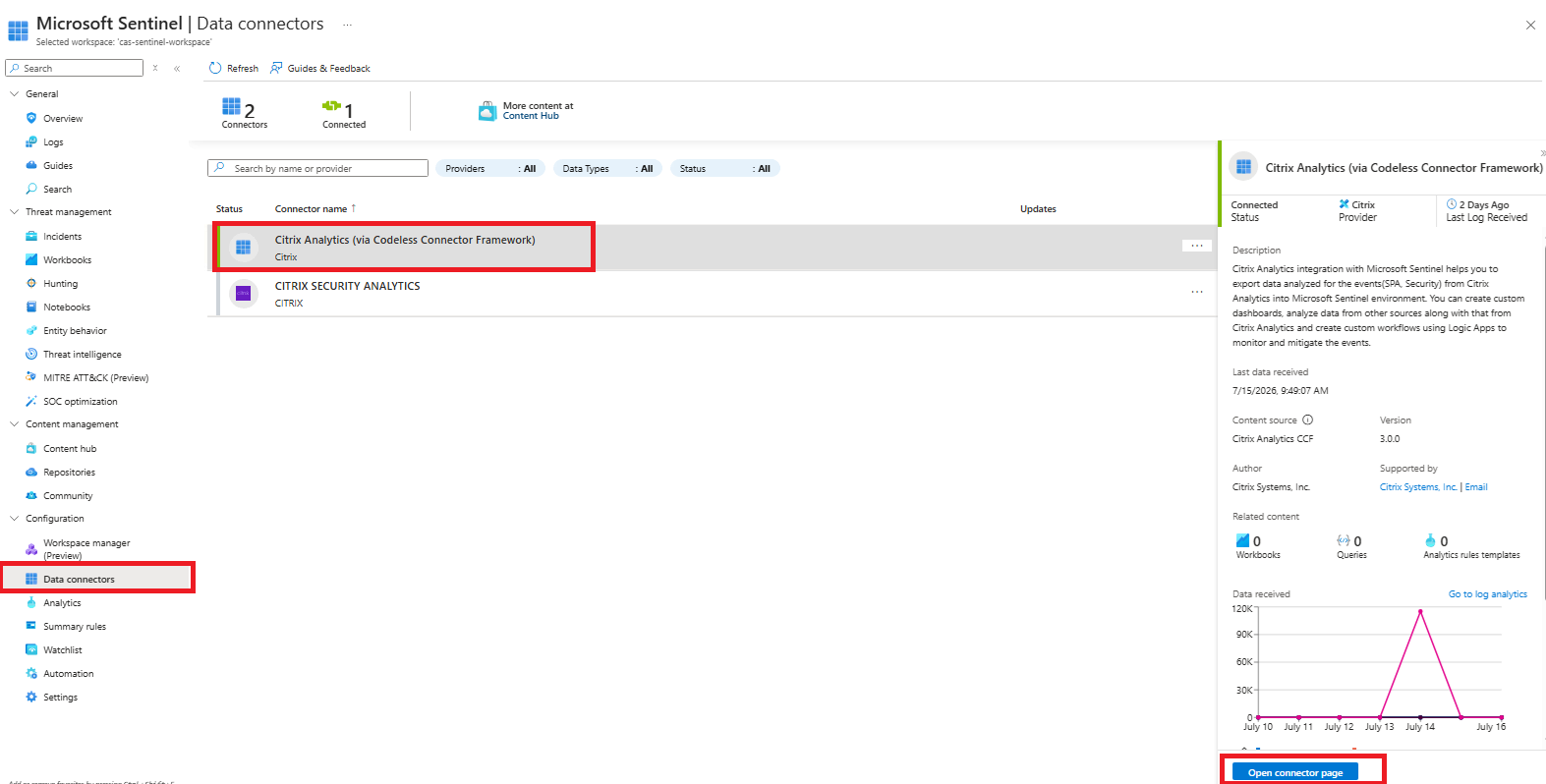 Open the data connector page
