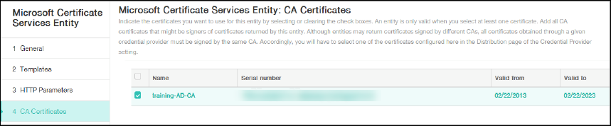 Écran de configuration des certificats