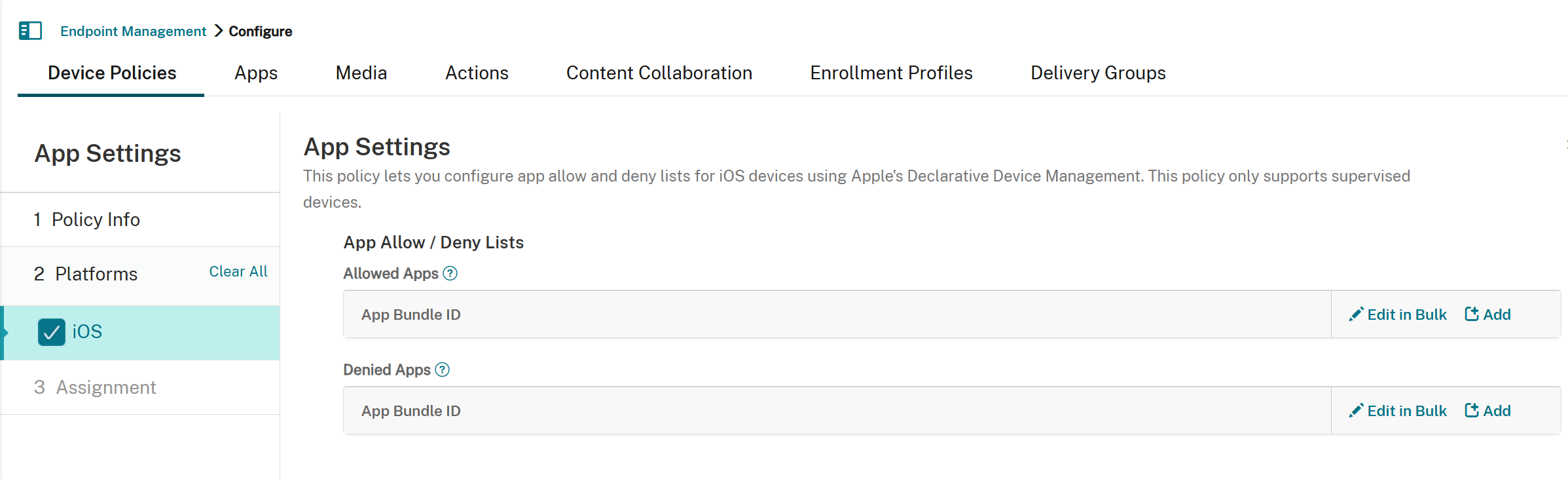 App Settings device policy