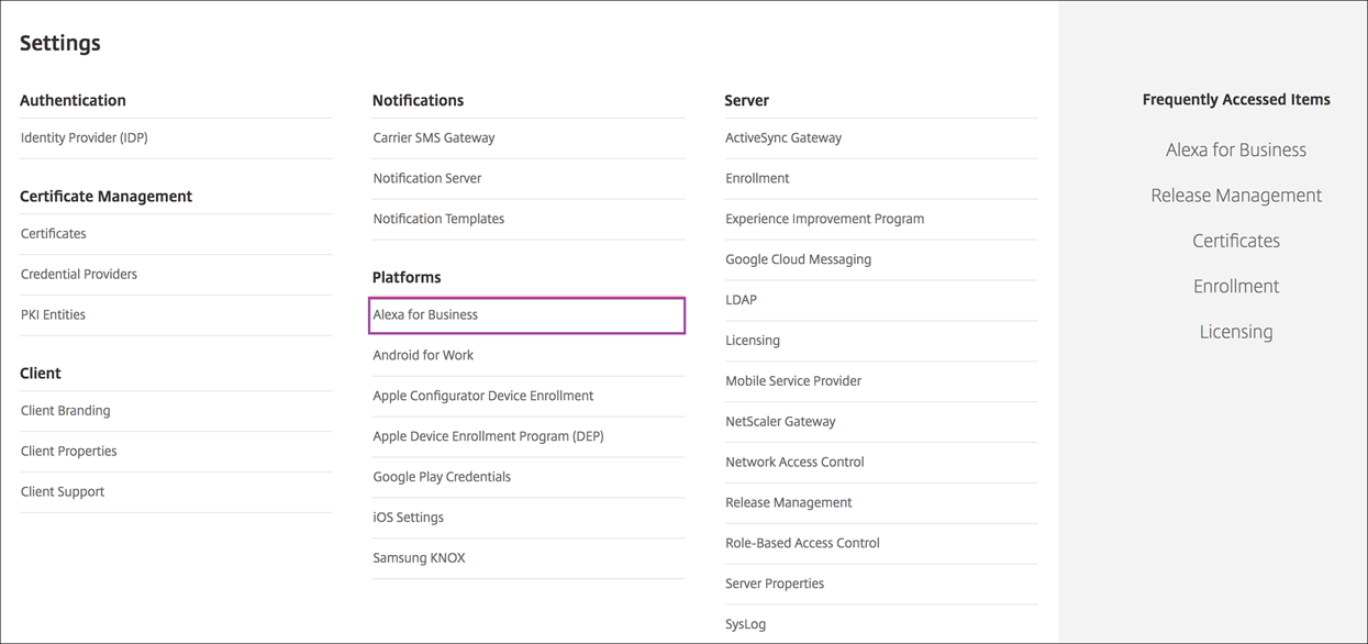 Citrix Endpoint Management console with Alexa for Business highlighted