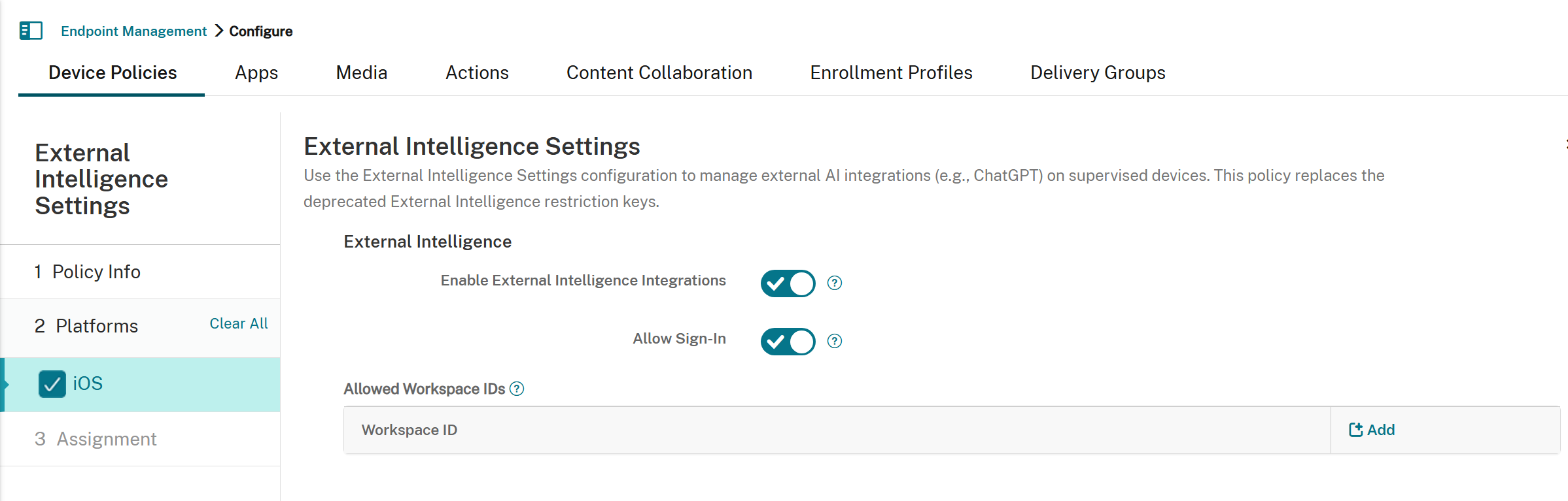 External Intelligence Settings device policy