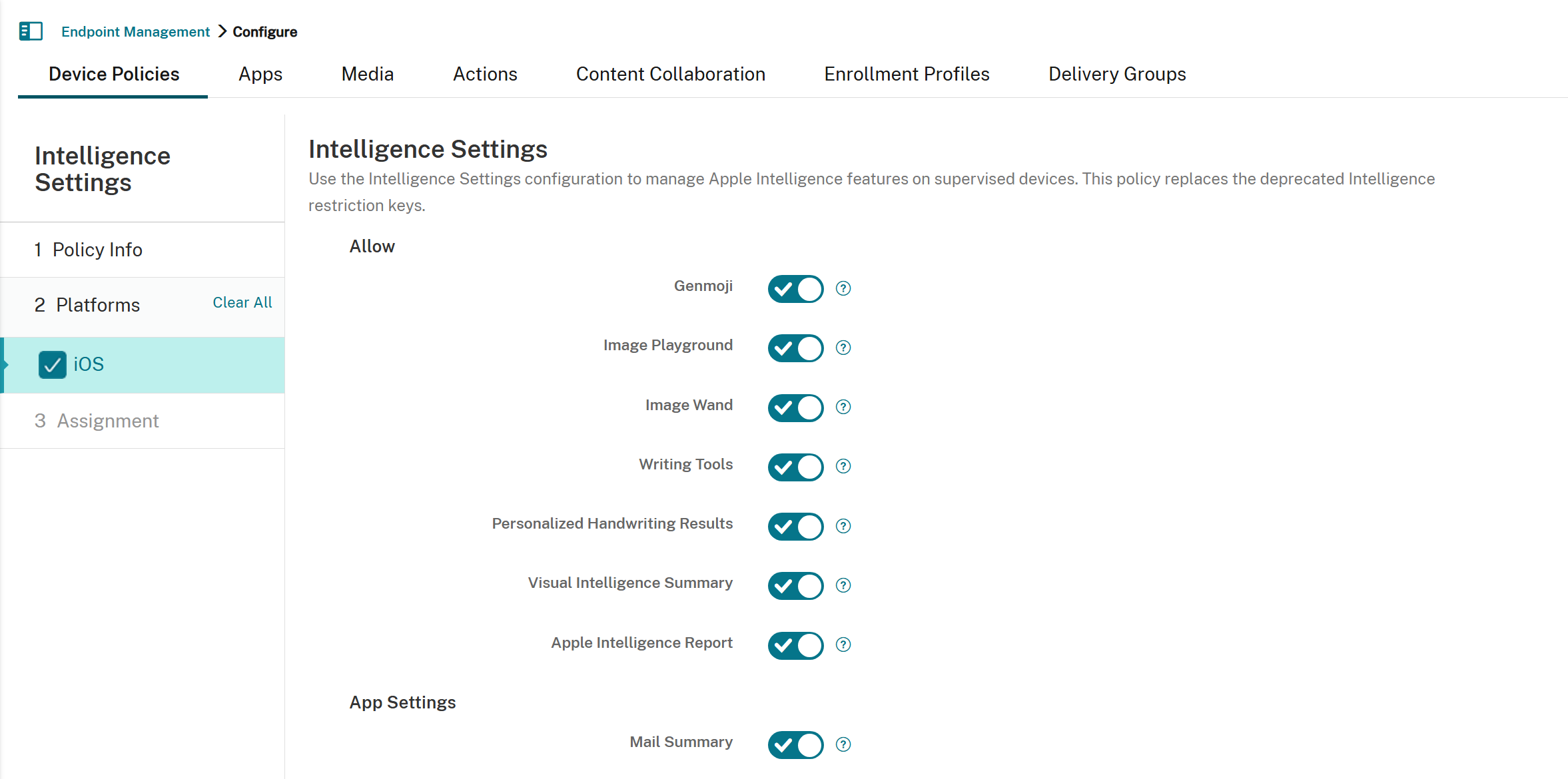 Intelligence Settings device policy