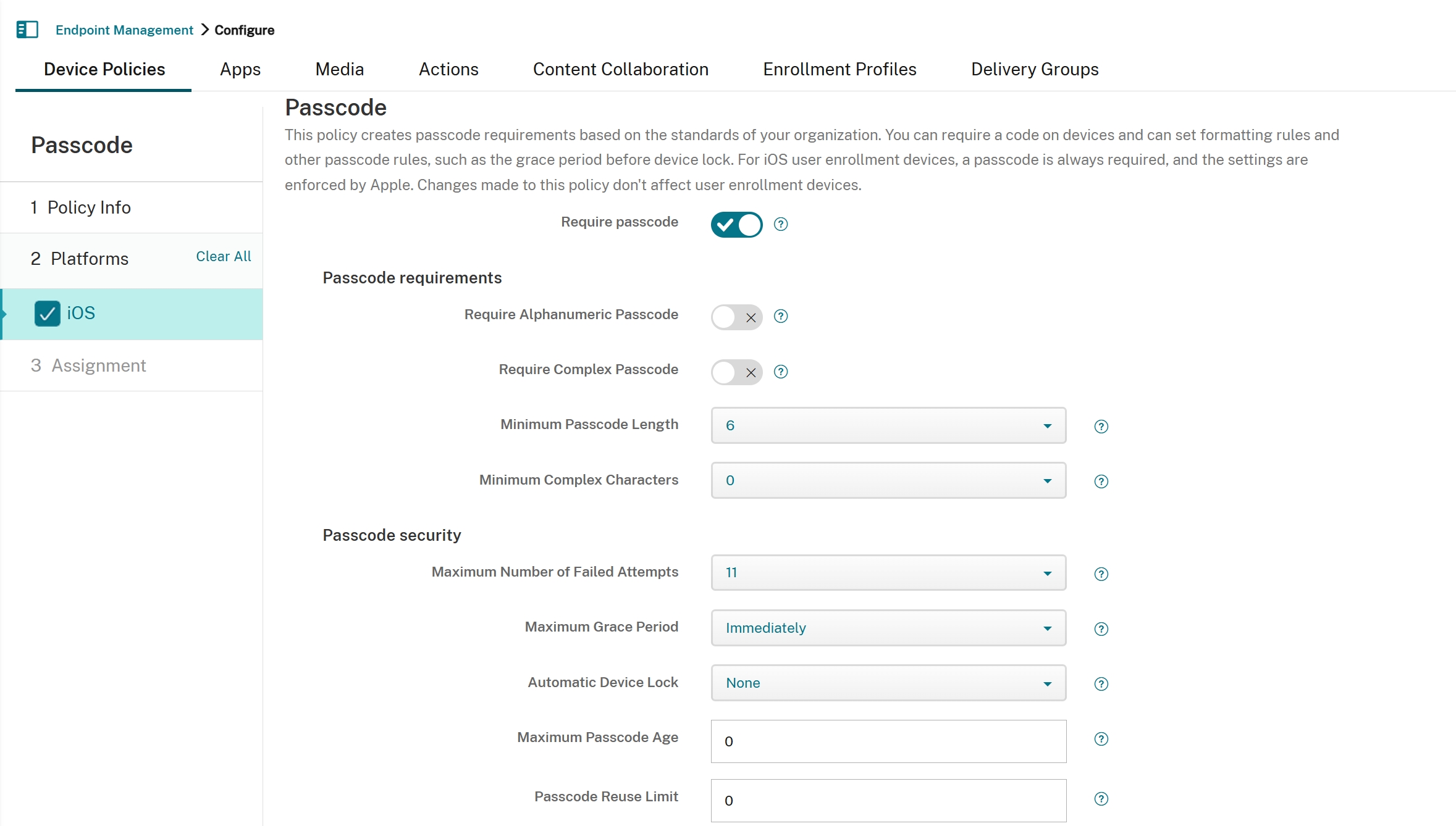 Passcode device policy