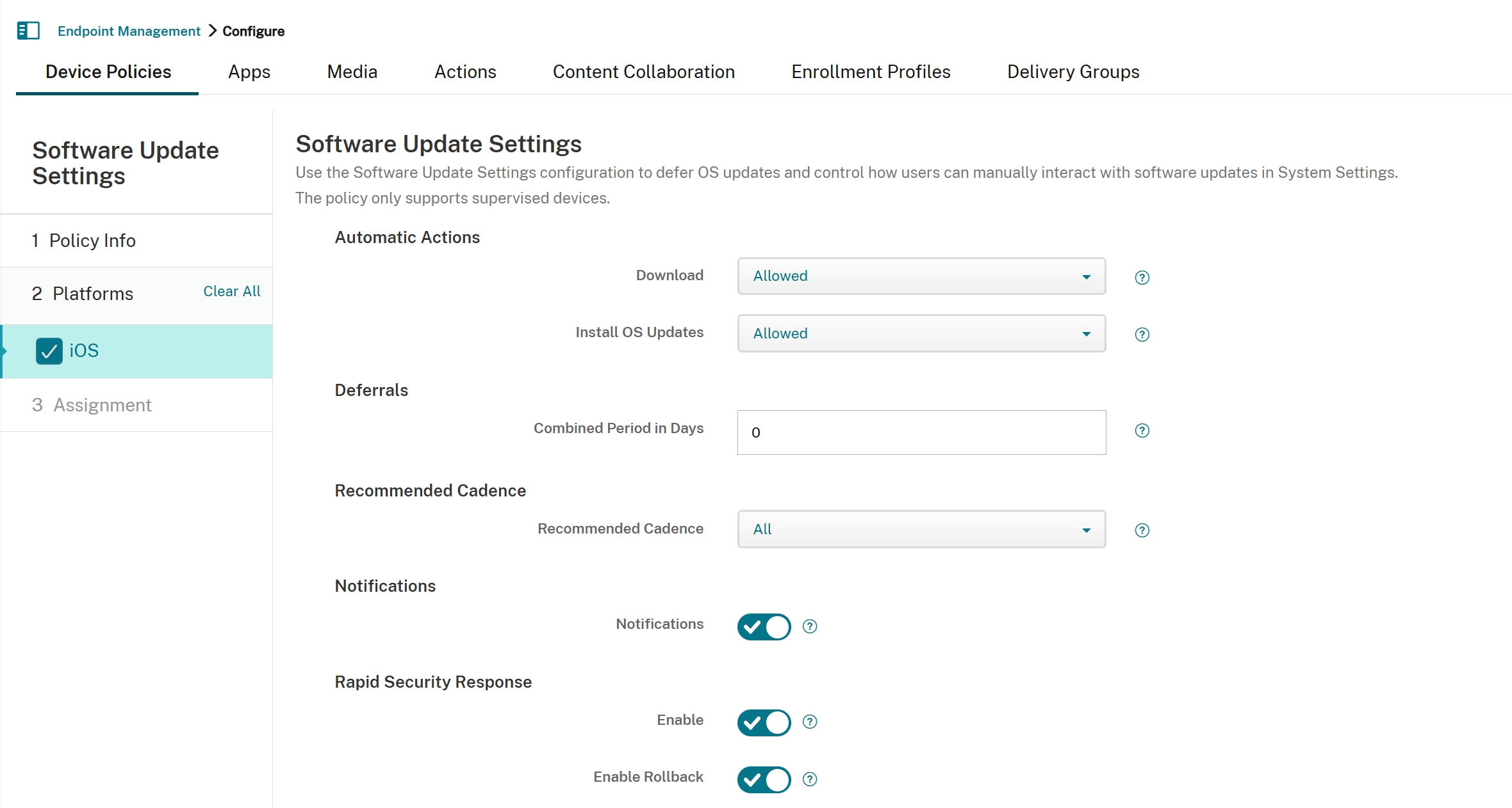 Software Update Settings device policy