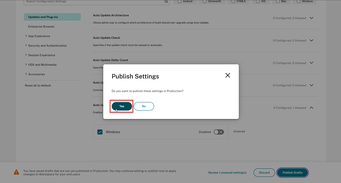 Publicar la configuración en GACS