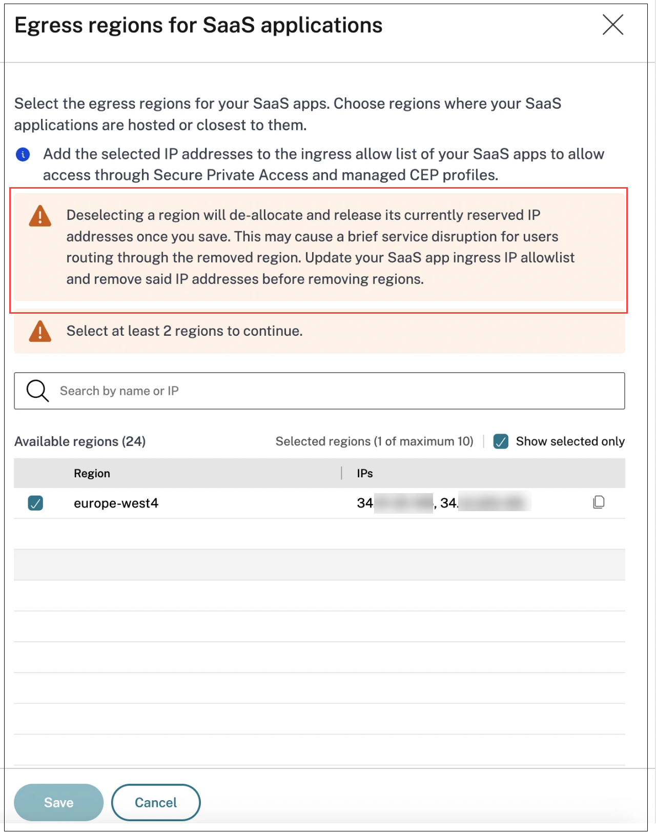 Deselect egress region