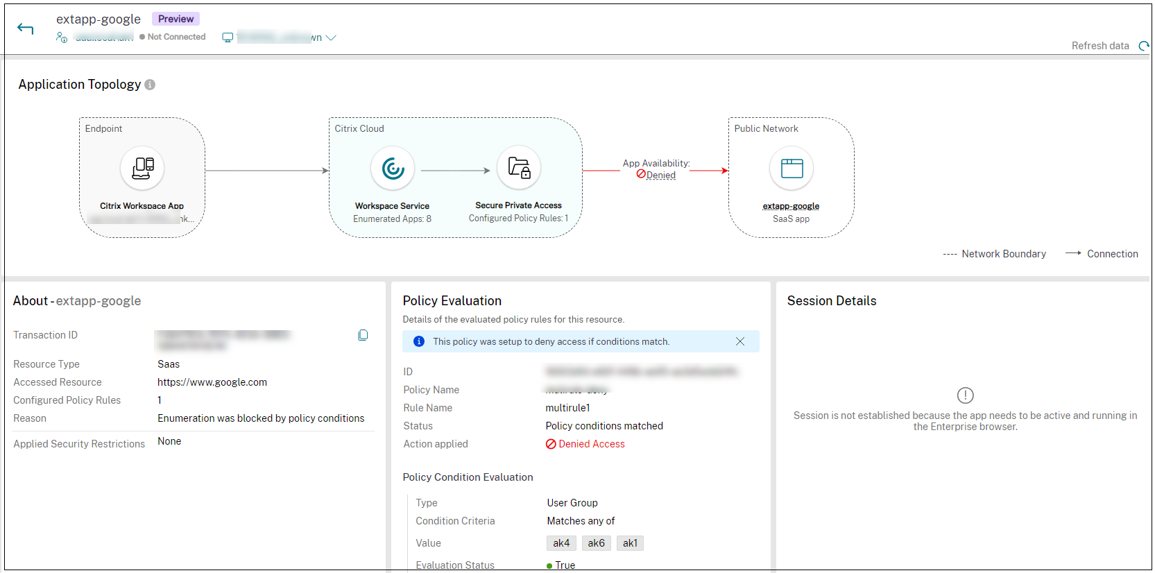 Application topology of an access denied app