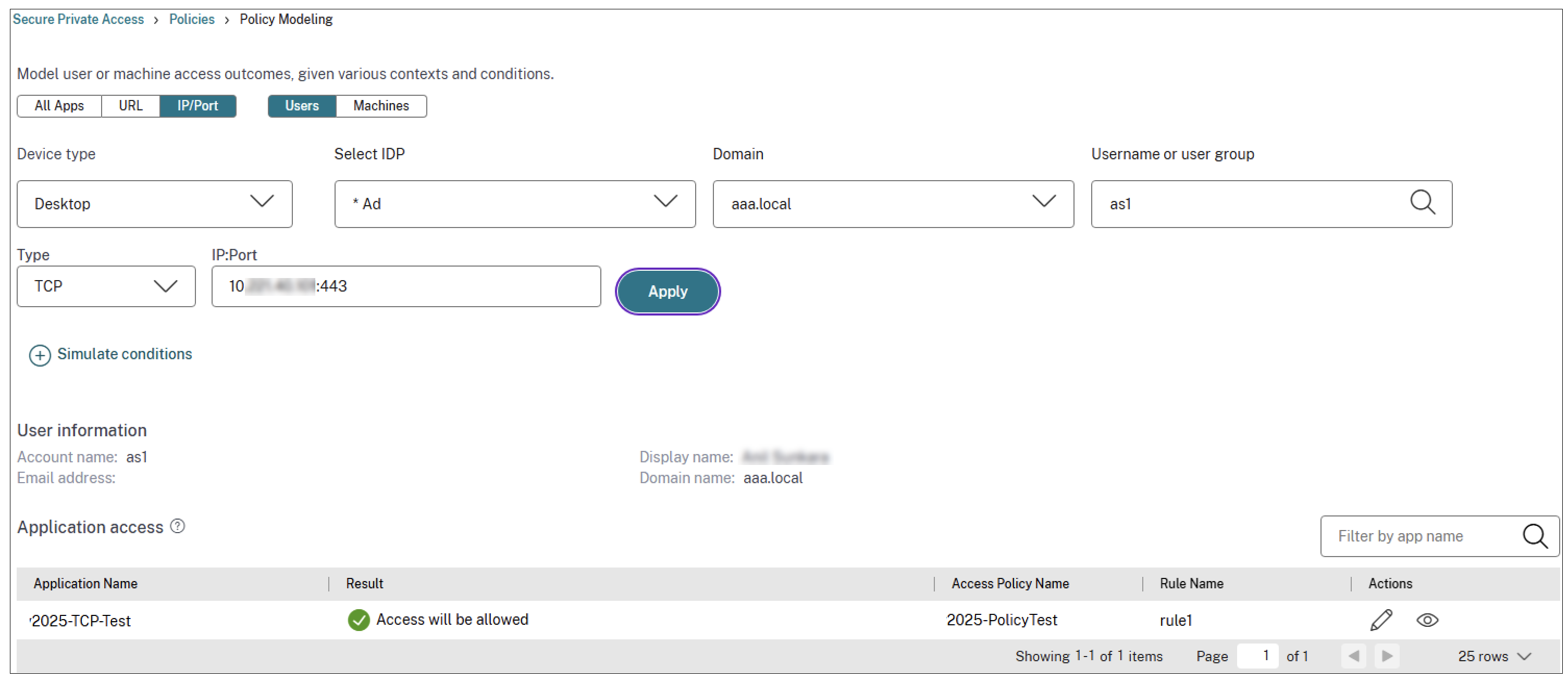 Policy model for a TCP app