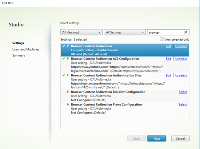 Browser content redirection policy settings