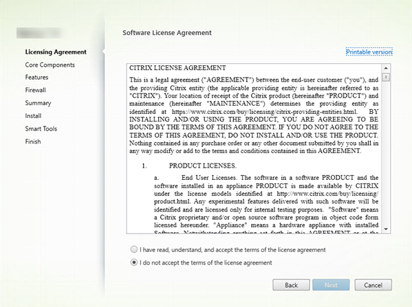 Pagina del contratto di licenza nel programma di installazione componenti