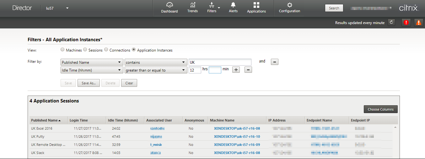 Application instances filter