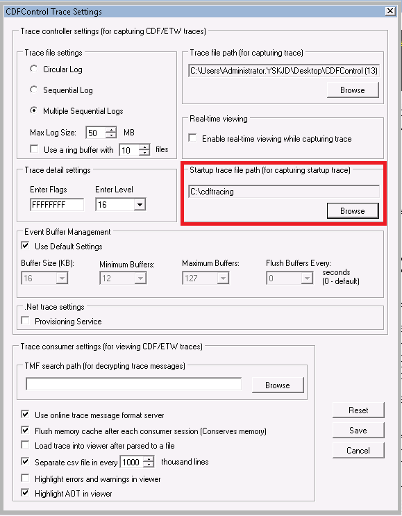 Startup trace file path