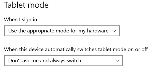 Immagine delle impostazioni della modalità tablet