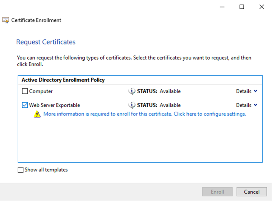 Request certificates dialog