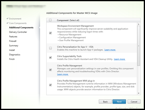 Additional Components page in VDA installer