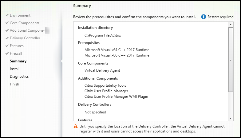 Pagina Summary del programma di installazione VDA