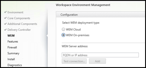 Specificare WEM Infrastructure Server nel programma di installazione VDA