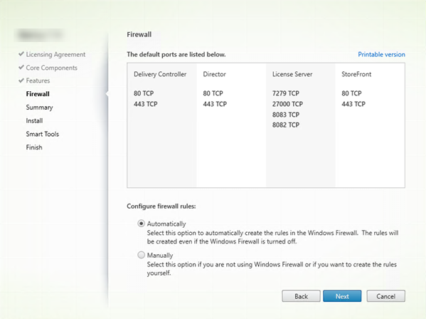 Pagina Firewall nel programma di installazione dei componenti