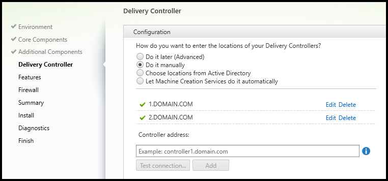 VDA 安装程序中的“Delivery Controller”页面