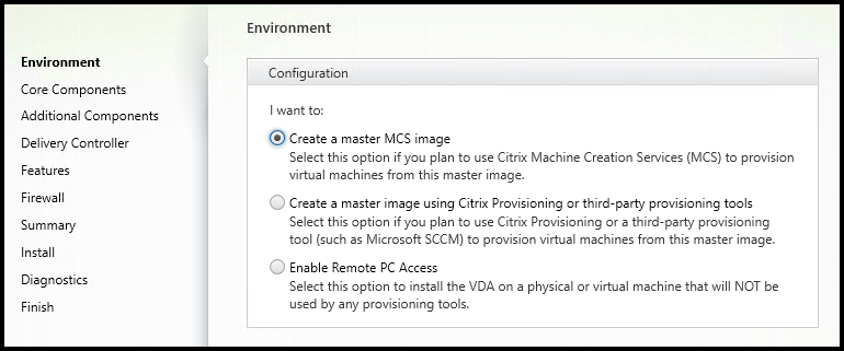 Environment page in VDA installer