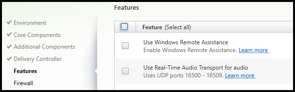 Features page in VDA installer