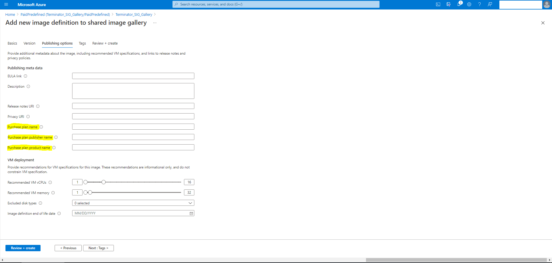 Azure Marketplace verifica las opciones de publicación de VDA