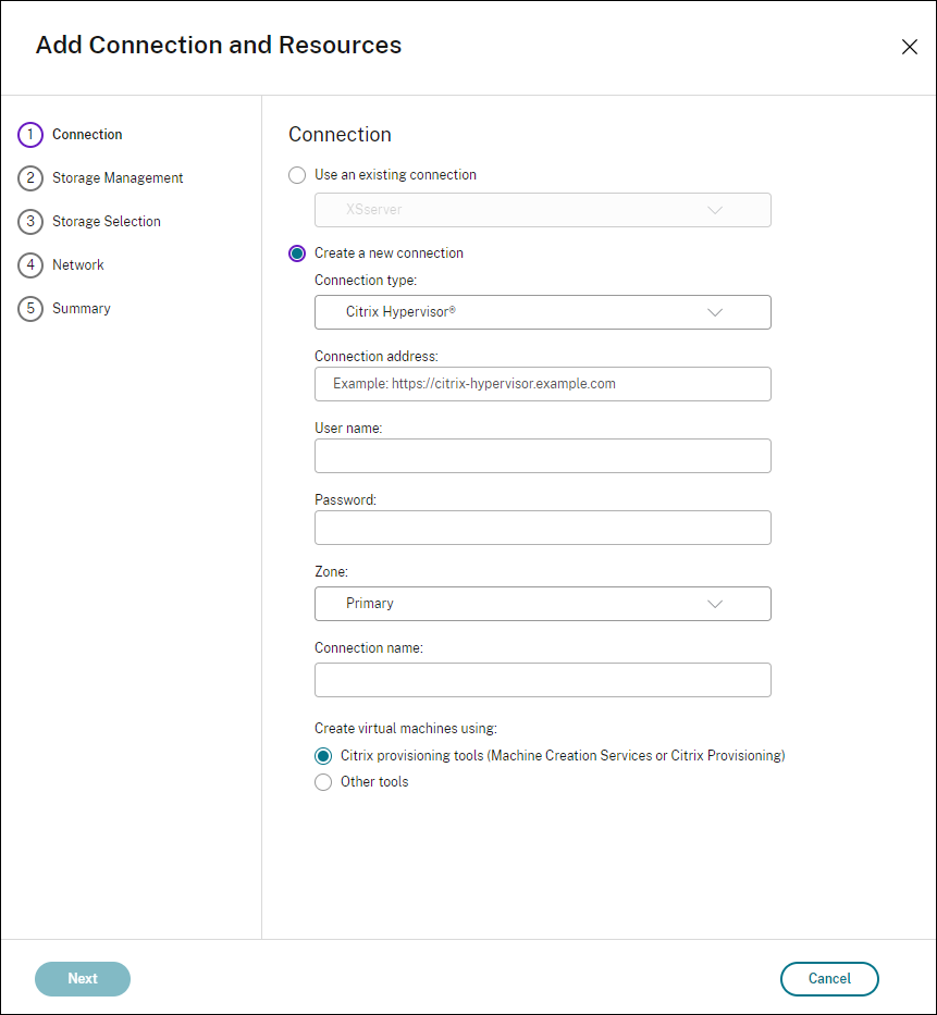 Page de connexion dans l'assistant Créer une connexion