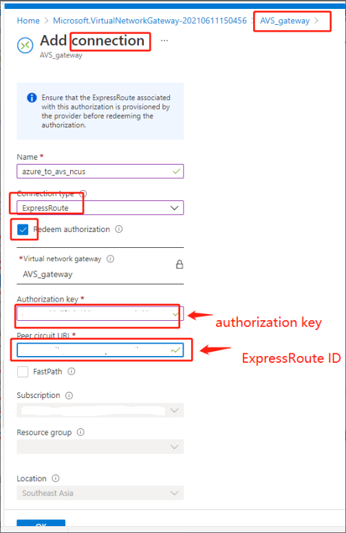 Conexão de adição do Azure ASV