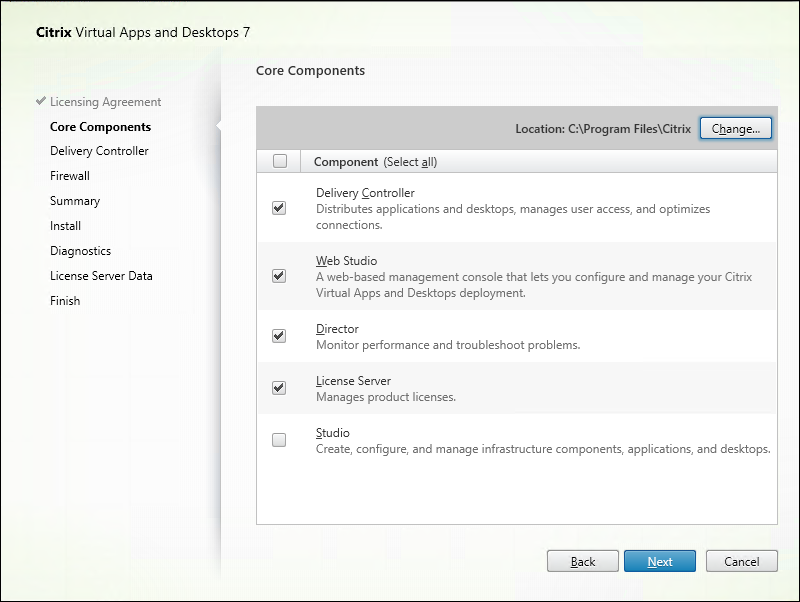 Page des composants principaux dans l'installateur de composant