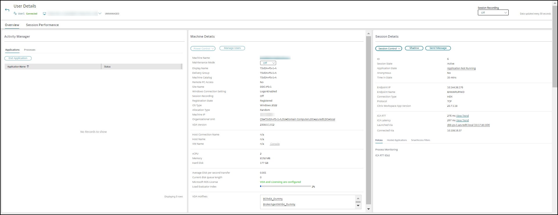 User details - Session recording