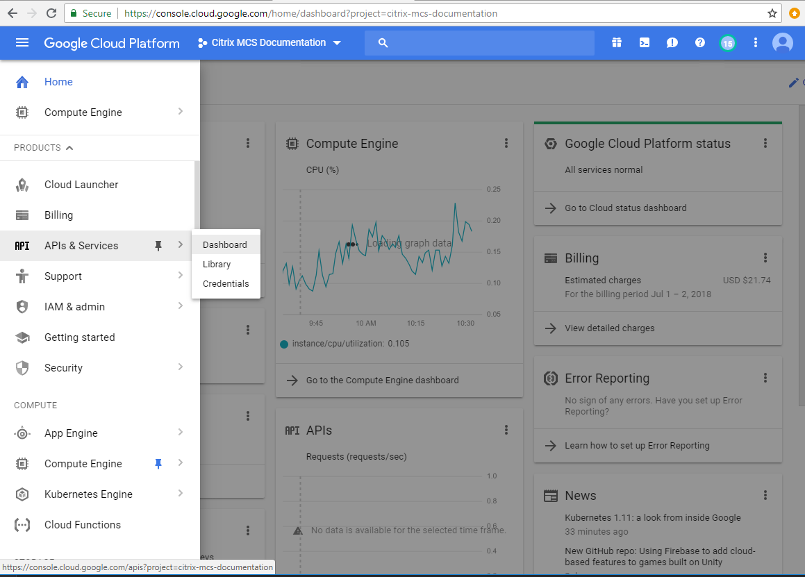 Imagem da seleção de APIs and Services Dashboard