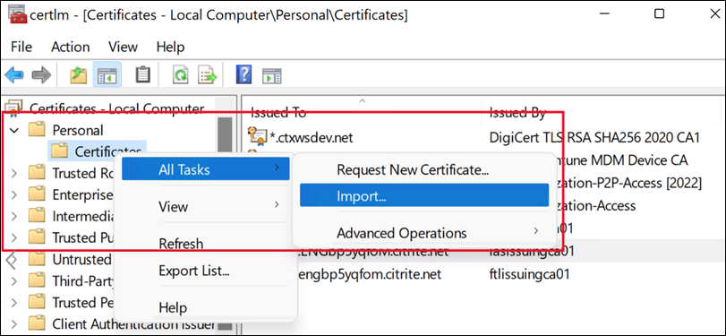 Console Gestisci i certificati computer