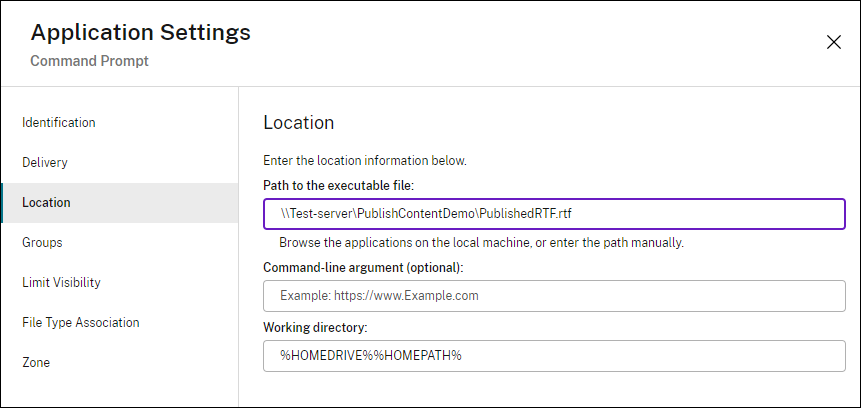 Impostazione del percorso dell'impostazione del file in Application Settings