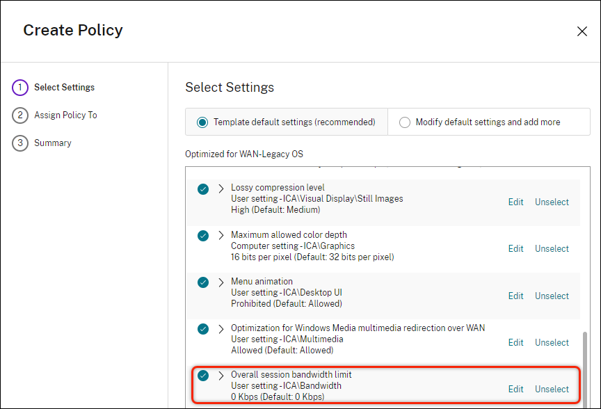 Imagem de configurações padrão do modelo