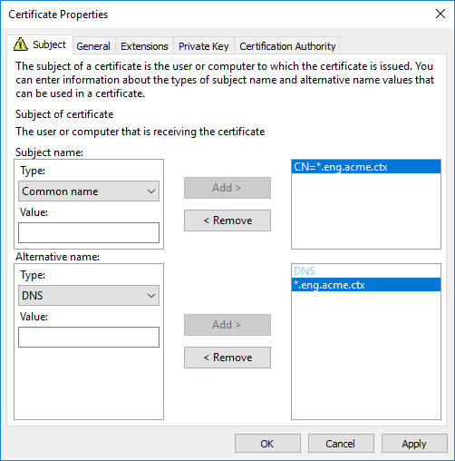 Request certificates wildcard dialog