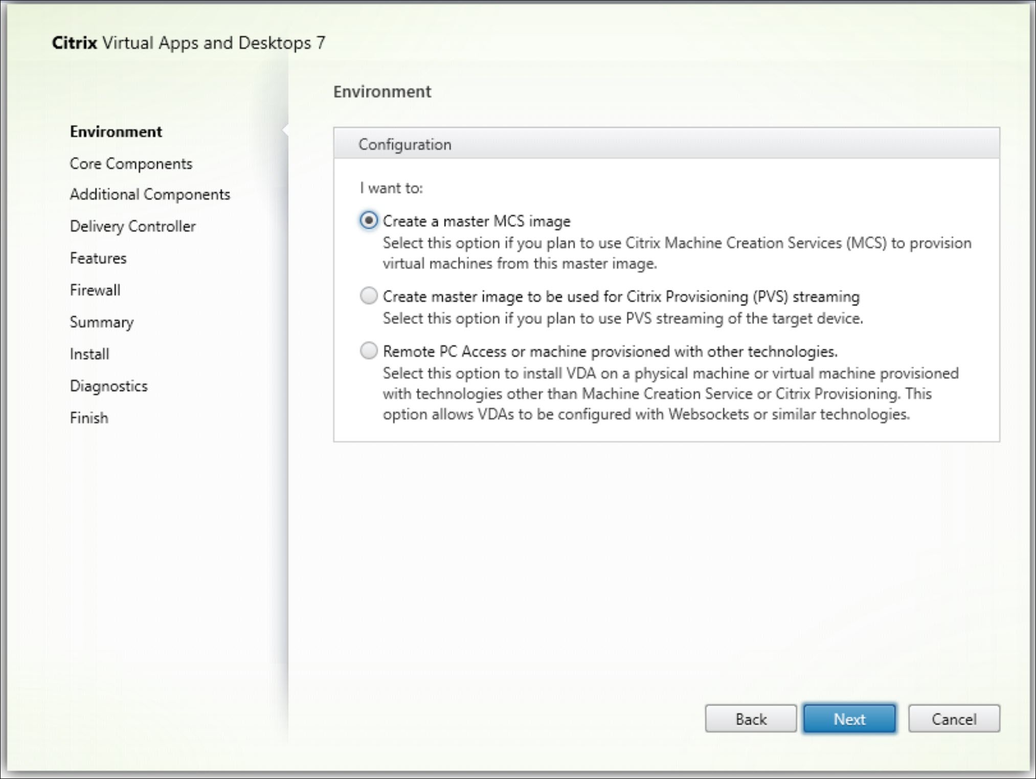 Environment page in VDA installer