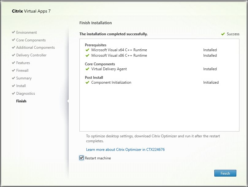 Finish Installation page in VDA installer