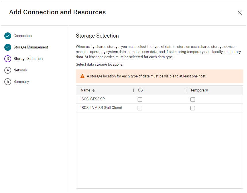 Page Sélection du stockage dans l'assistant Créer une connexion